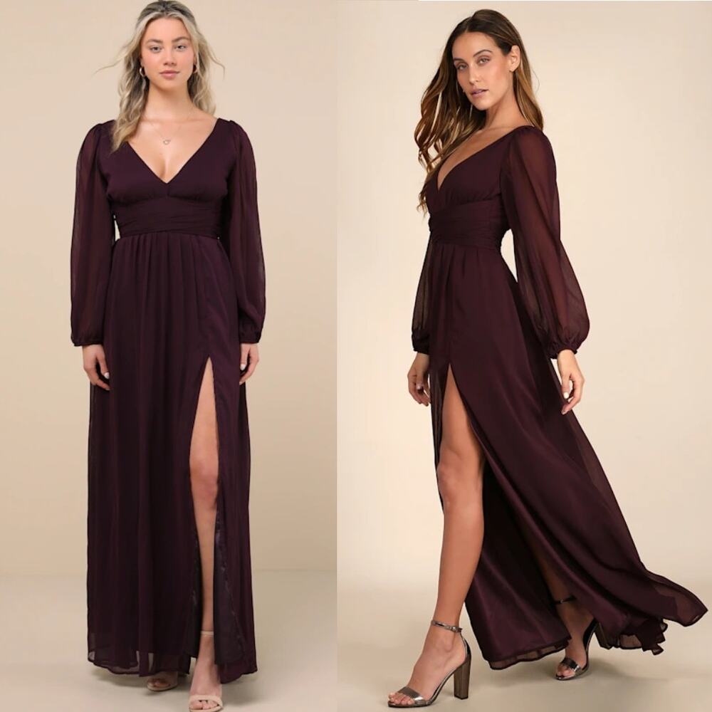 NWOT Lulus Enchant My Love Dark Purple V-Neck Long Sleeve Maxi Dress Size XL